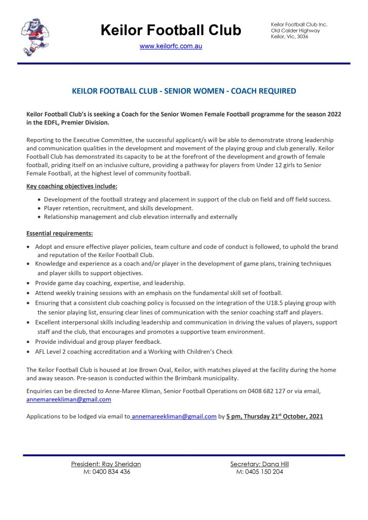 Keilor FC Seeking Senior Women's & U18 Girls Coaches 00011